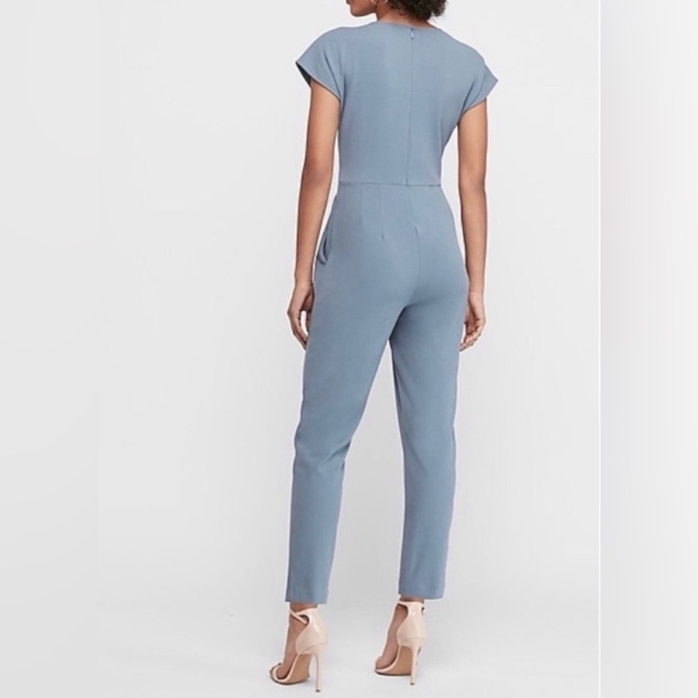 Express Light Blue V-Neck Tie-Waist Jumpsuit - Picture 2 of 5